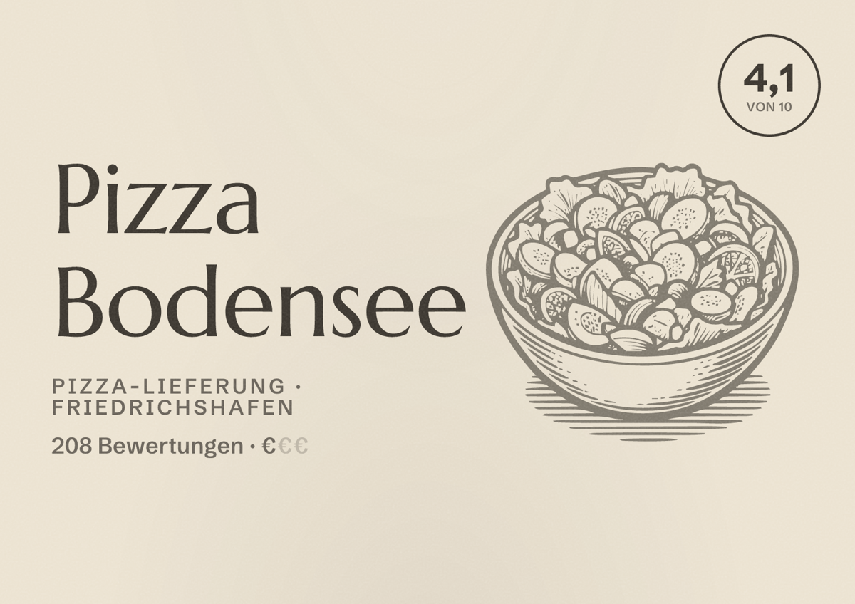 Illustriertes Poster von Pizza Bodensee, Pizza-Lieferung in Friedrichshafen: Bewertung 4,1 von 10 aus 208 Bewertungen, Preisniveau €