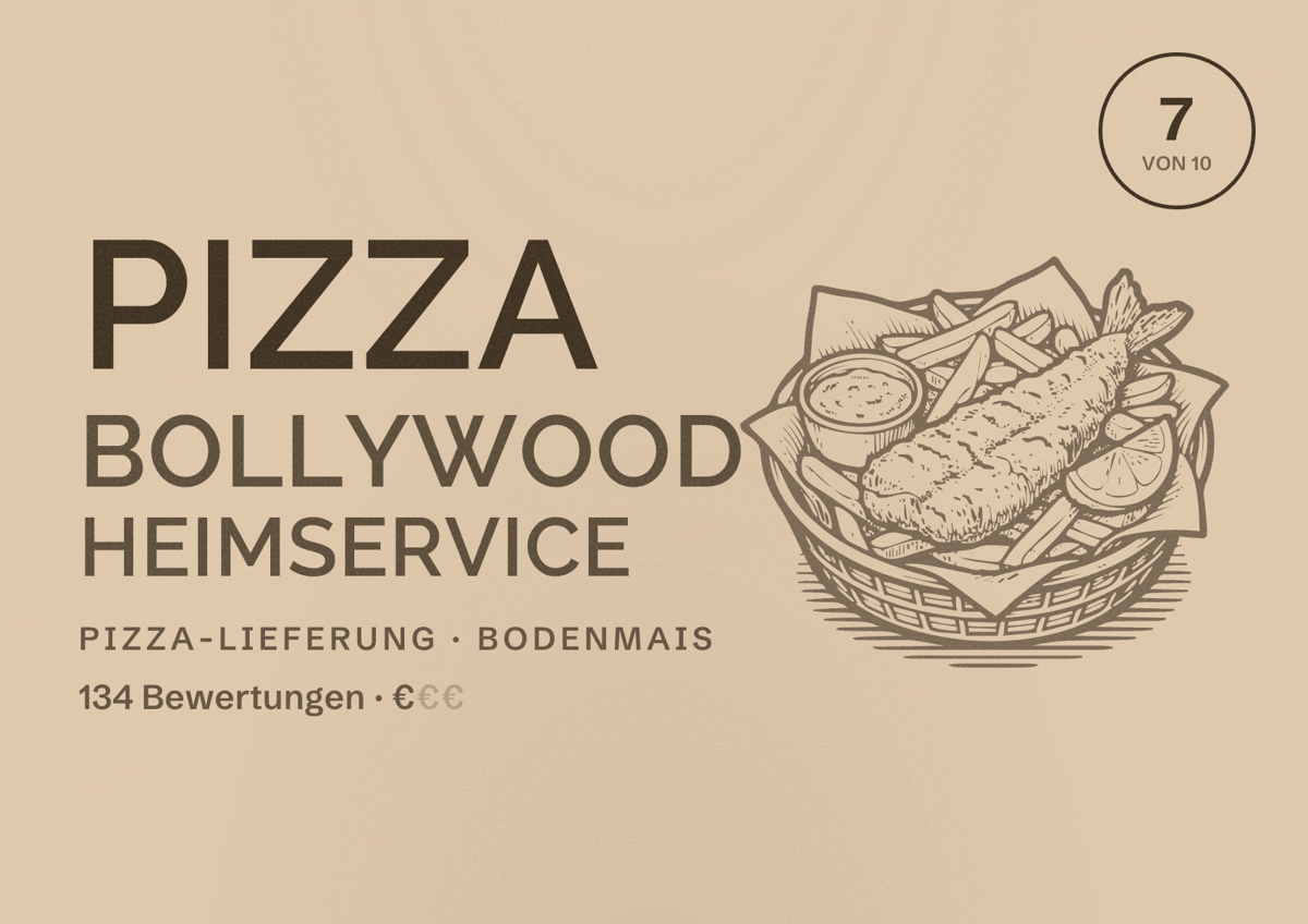 Illustriertes Poster von Pizza BollyWood Heimservice, Pizza-Lieferung in Bodenmais: Bewertung 7 von 10 aus 134 Bewertungen, Preisniveau €