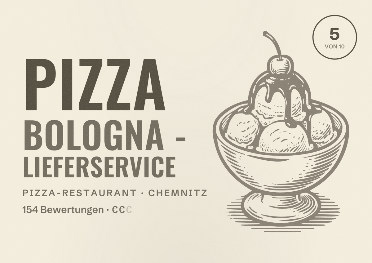 Illustriertes Poster von Pizza Bologna - Lieferservice, Pizza-Restaurant in Chemnitz: Bewertung 5 von 10 aus 154 Bewertungen, Preisniveau €€