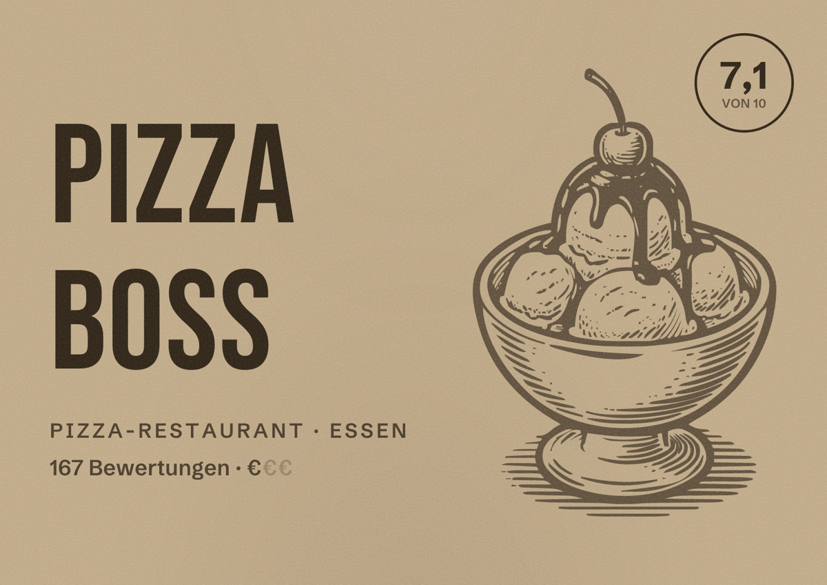 Illustriertes Poster von Pizza Boss, Pizza-Restaurant in Essen: Bewertung 7,1 von 10 aus 167 Bewertungen, Preisniveau €