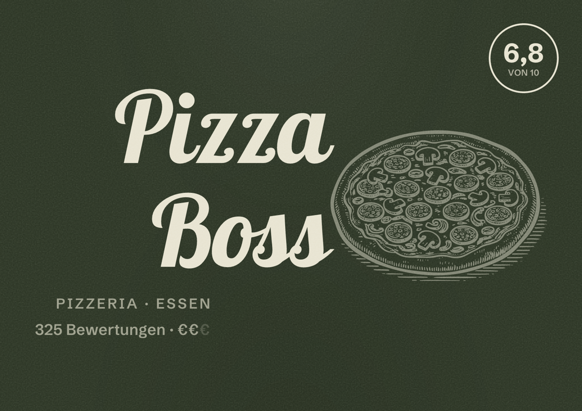 Illustriertes Poster von Pizza Boss, Pizzeria in Essen: Bewertung 6,8 von 10 aus 325 Bewertungen, Preisniveau €€