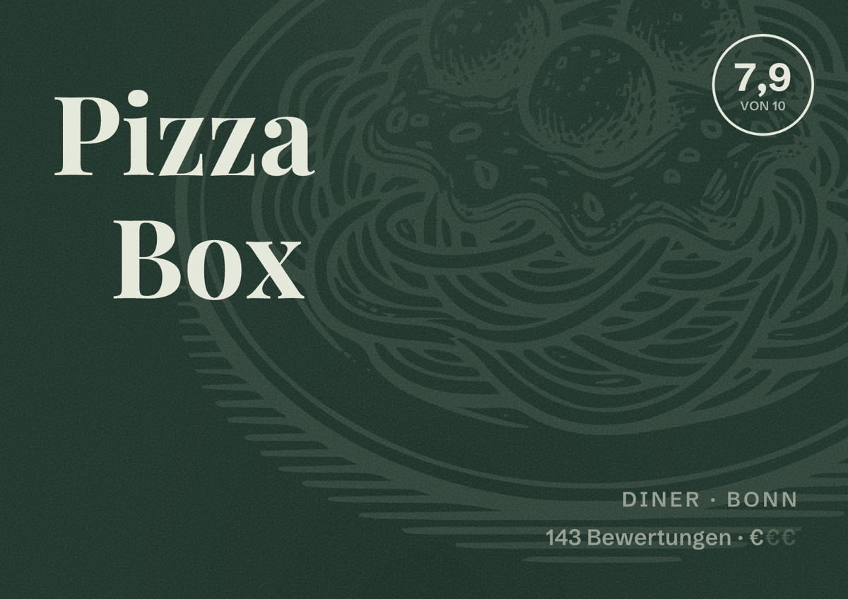 Illustriertes Poster von Pizza Box, Diner in Bonn: Bewertung 7,9 von 10 aus 143 Bewertungen, Preisniveau €