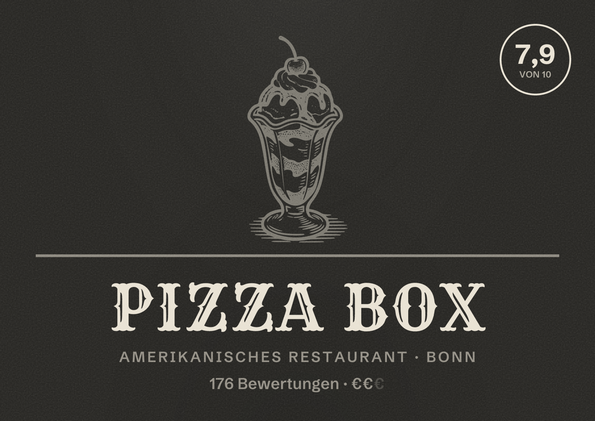 Illustriertes Poster von Pizza Box, Amerikanisches Restaurant in Bonn: Bewertung 7,9 von 10 aus 176 Bewertungen, Preisniveau €€