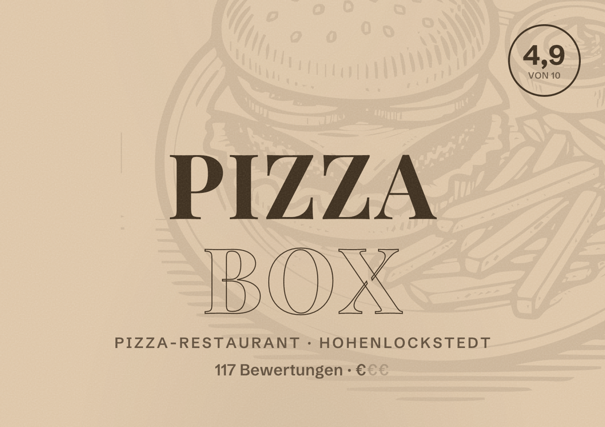 Illustriertes Poster von Pizza Box, Pizza-Restaurant in Hohenlockstedt: Bewertung 4,9 von 10 aus 117 Bewertungen, Preisniveau €