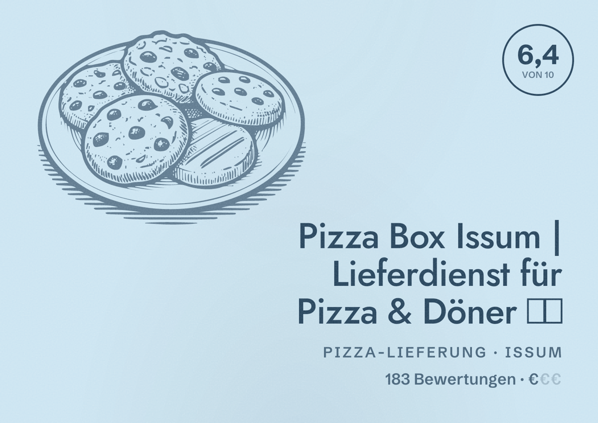 Illustriertes Poster von Pizza Box Issum | Lieferdienst für Pizza & Döner 🍕🥙, Pizza-Lieferung in Issum: Bewertung 6,4 von 10 aus 183 Bewertungen, Preisniveau €