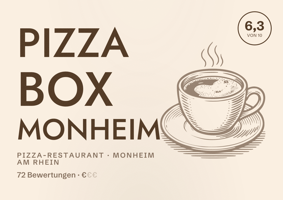 Illustriertes Poster von Pizza Box Monheim, Pizza-Restaurant in Monheim am Rhein: Bewertung 6,3 von 10 aus 72 Bewertungen, Preisniveau €