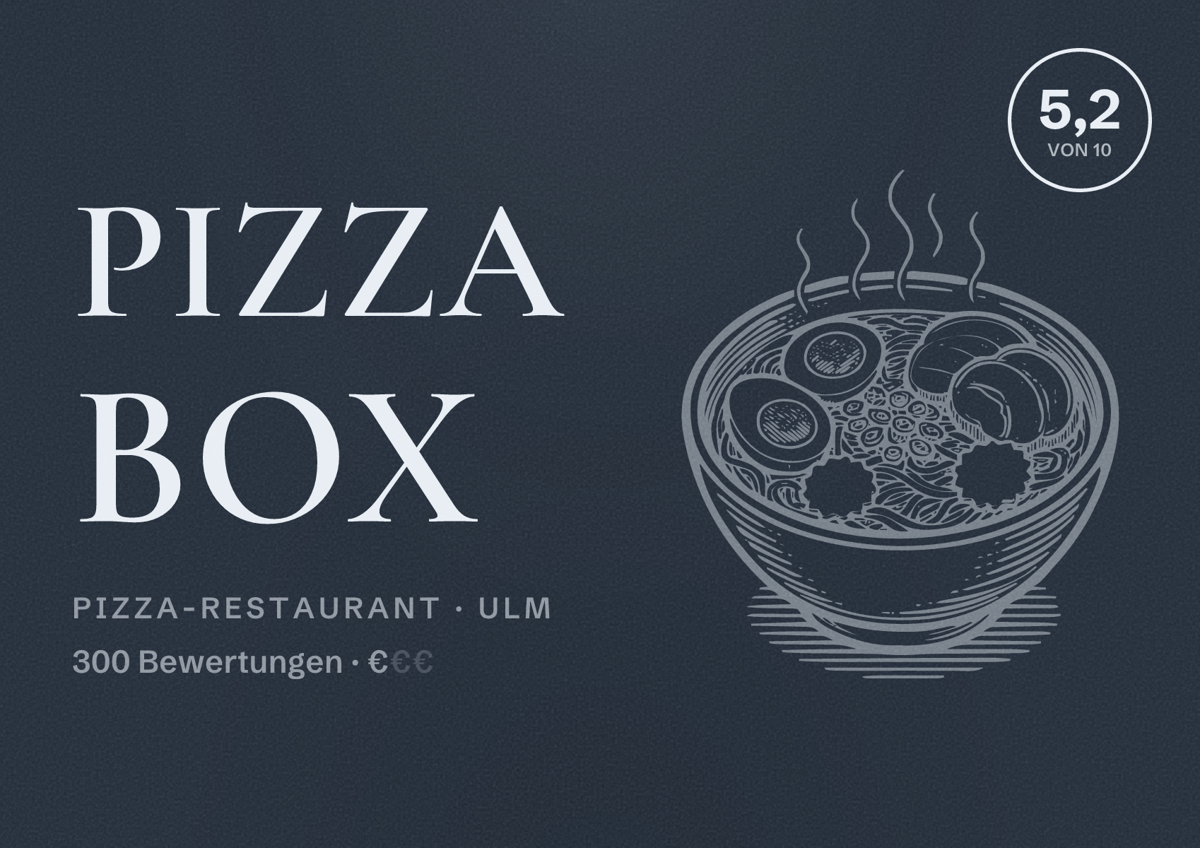 Illustriertes Poster von Pizza Box, Pizza-Restaurant in Ulm: Bewertung 5,2 von 10 aus 300 Bewertungen, Preisniveau €