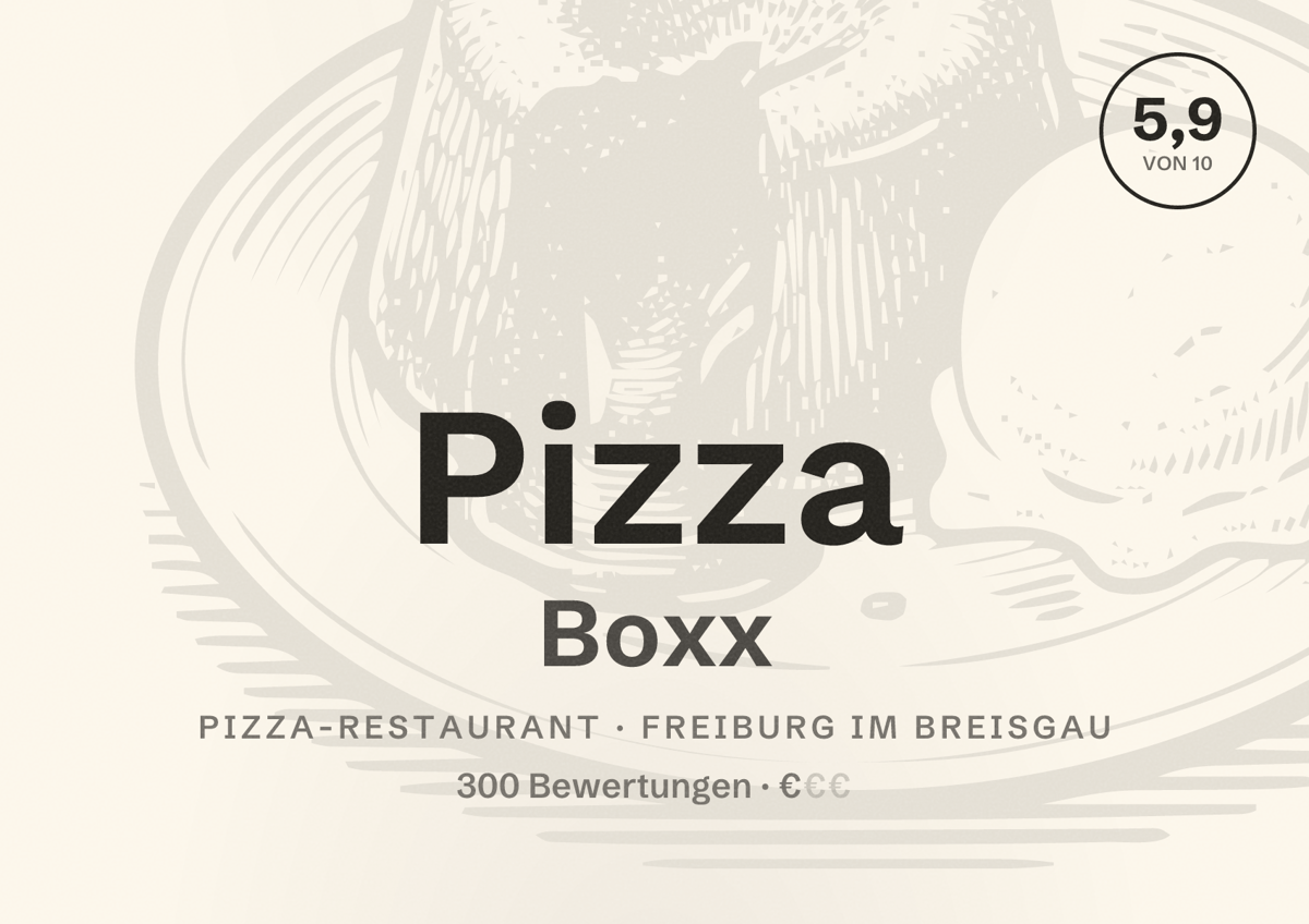 Illustriertes Poster von Pizza Boxx, Pizza-Restaurant in Freiburg im Breisgau: Bewertung 5,9 von 10 aus 300 Bewertungen, Preisniveau €