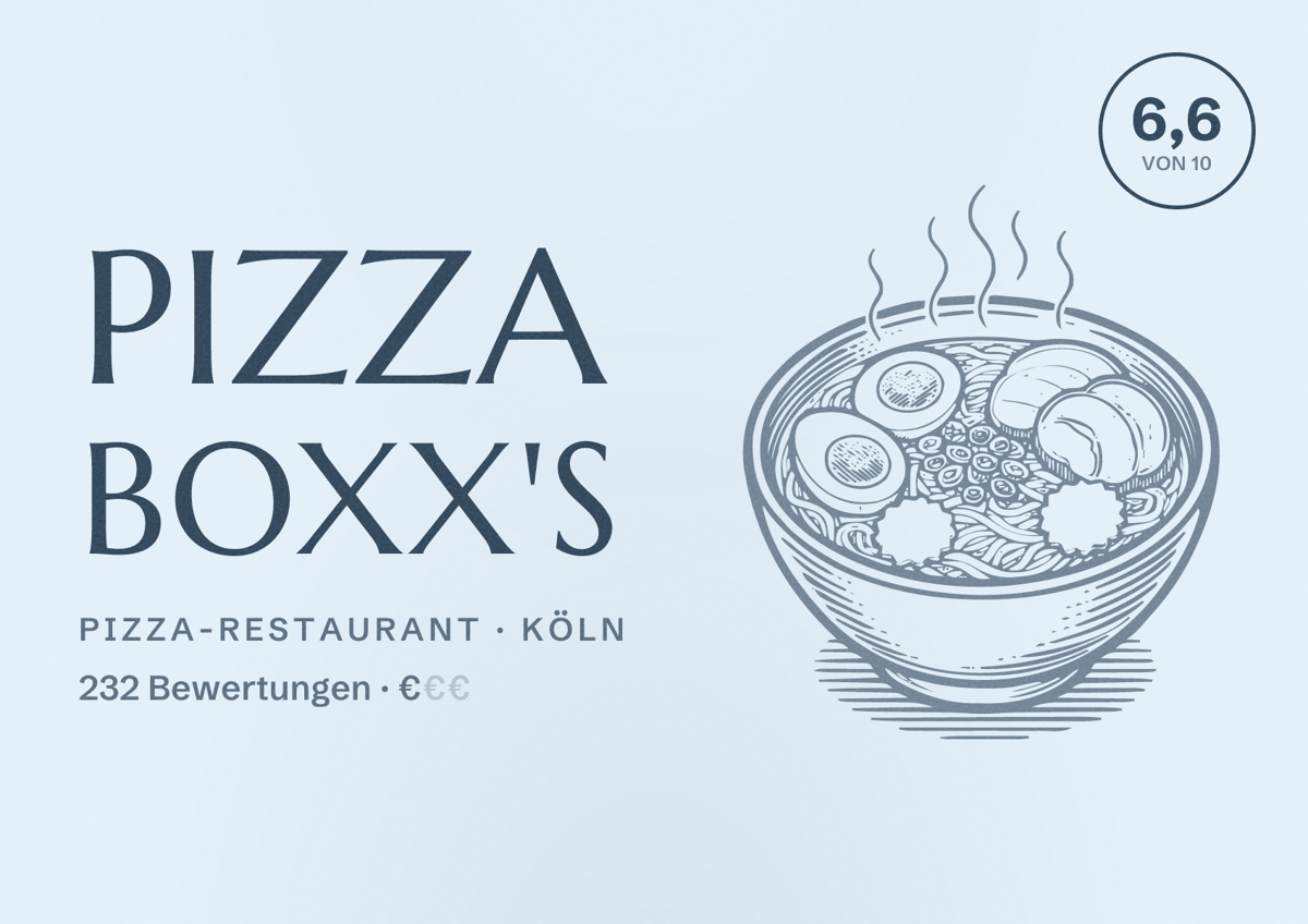 Illustriertes Poster von Pizza Boxx's, Pizza-Restaurant in Köln: Bewertung 6,6 von 10 aus 232 Bewertungen, Preisniveau €