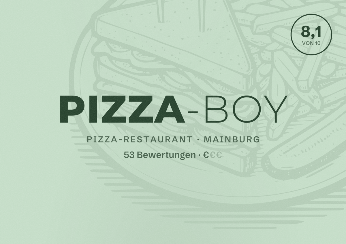 Illustriertes Poster von Pizza-Boy, Pizza-Restaurant in Mainburg: Bewertung 8,1 von 10 aus 53 Bewertungen, Preisniveau €