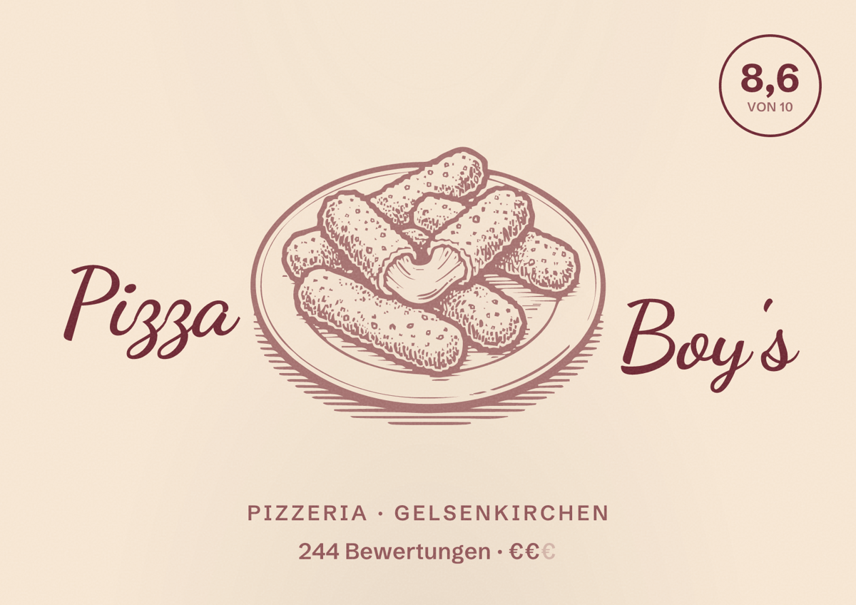 Illustriertes Poster von Pizza Boy's, Pizzeria in Gelsenkirchen: Bewertung 8,6 von 10 aus 244 Bewertungen, Preisniveau €€