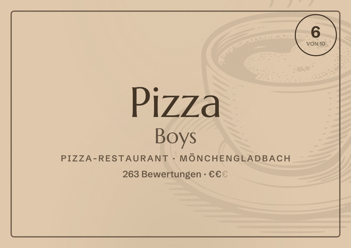 Illustriertes Poster von Pizza Boys, Pizza-Restaurant in Mönchengladbach: Bewertung 6 von 10 aus 263 Bewertungen, Preisniveau €€