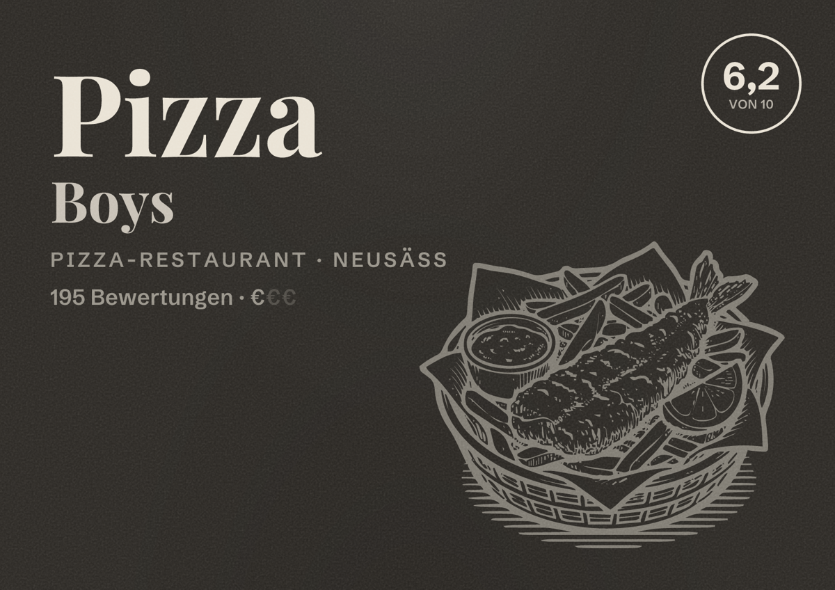 Illustriertes Poster von Pizza Boys, Pizza-Restaurant in Neusäß: Bewertung 6,2 von 10 aus 195 Bewertungen, Preisniveau €
