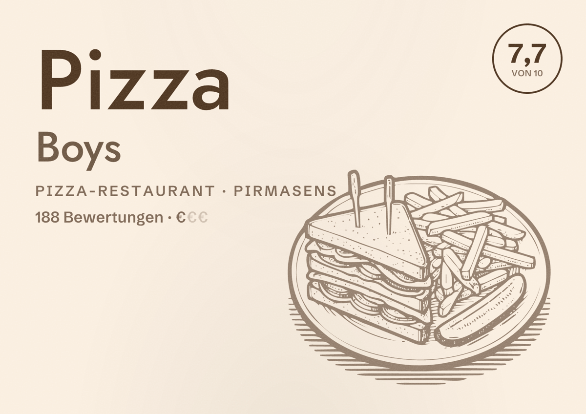 Illustriertes Poster von Pizza Boys, Pizza-Restaurant in Pirmasens: Bewertung 7,7 von 10 aus 188 Bewertungen, Preisniveau €
