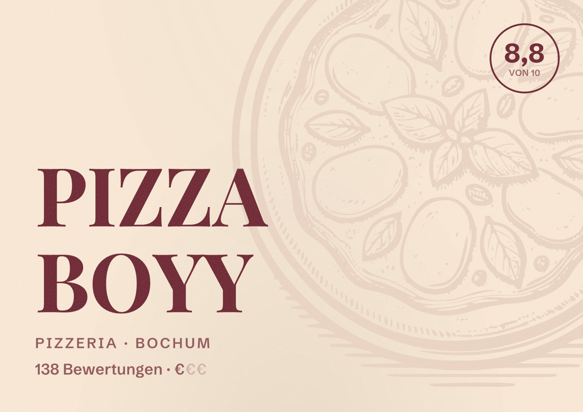 Illustriertes Poster von PIZZA BOYY, Pizzeria in Bochum: Gästebewertung 8,8 von 10 aus 138 Bewertungen