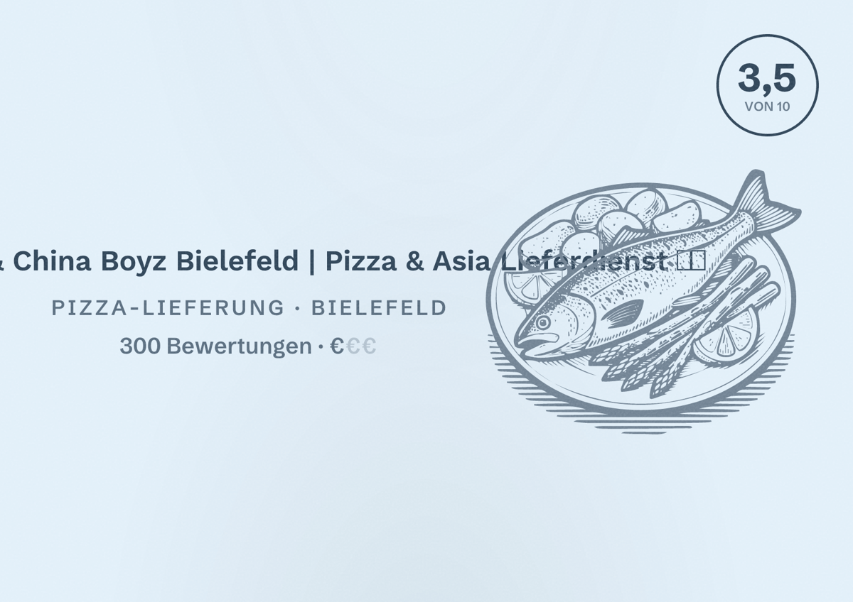 Illustriertes Poster von Pizza Boyz & China Boyz Bielefeld | Pizza & Asia Lieferdienst 🍕🍛, Pizza-Lieferung in Bielefeld: Bewertung 3,5 von 10 aus 300 Bewertungen, Preisniveau €