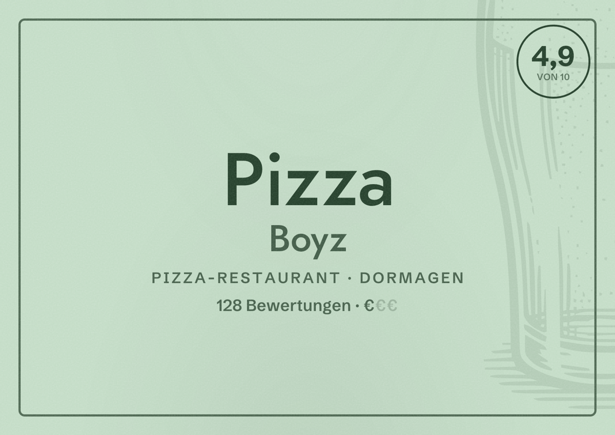 Illustriertes Poster von Pizza Boyz, Pizza-Restaurant in Dormagen: Bewertung 4,9 von 10 aus 128 Bewertungen, Preisniveau €