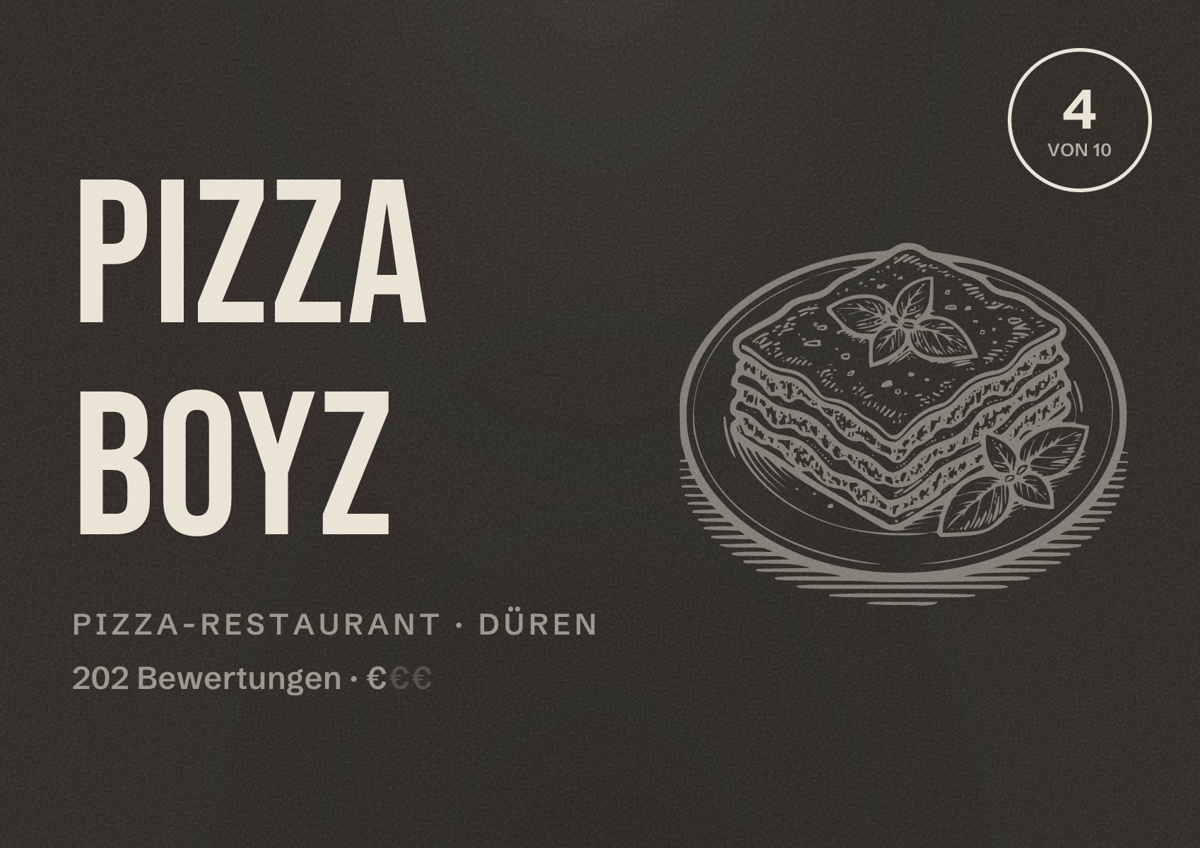 Illustriertes Poster von Pizza Boyz, Pizza-Restaurant in Düren: Bewertung 4 von 10 aus 202 Bewertungen, Preisniveau €