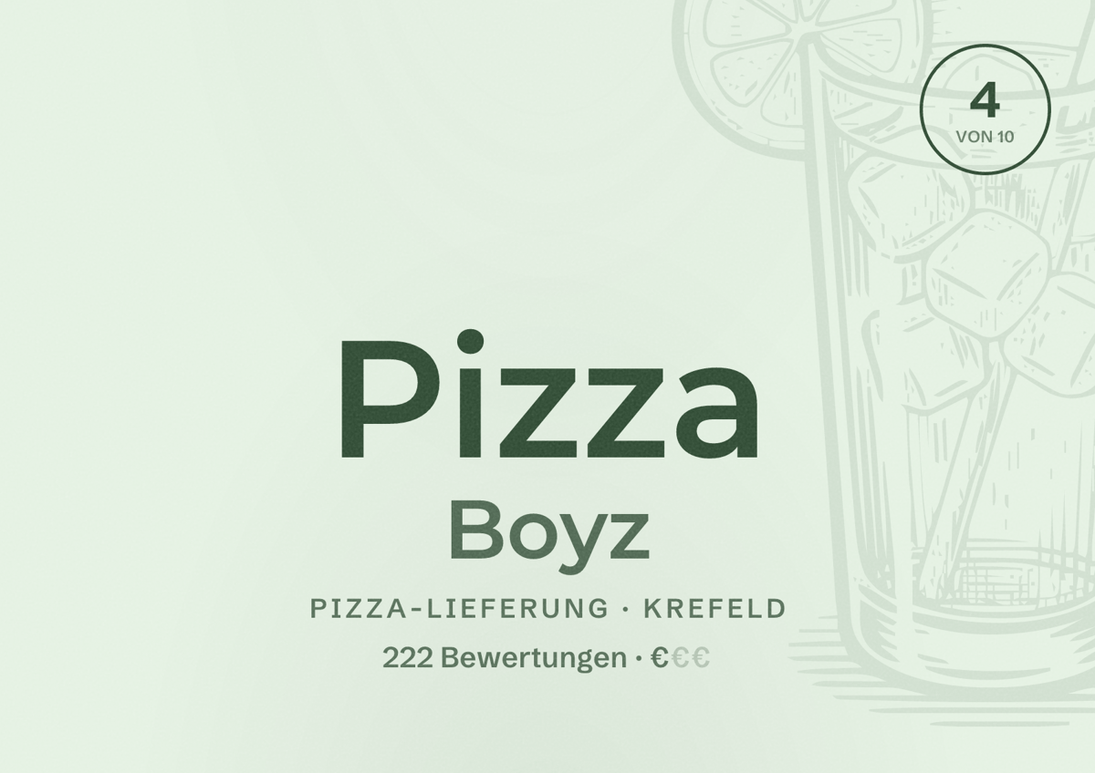 Illustriertes Poster von Pizza Boyz, Pizza-Lieferung in Krefeld: Bewertung 4 von 10 aus 222 Bewertungen, Preisniveau €
