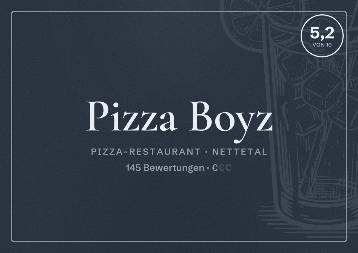 Illustriertes Poster von Pizza Boyz, Pizza-Restaurant in Nettetal: Bewertung 5,2 von 10 aus 145 Bewertungen, Preisniveau €