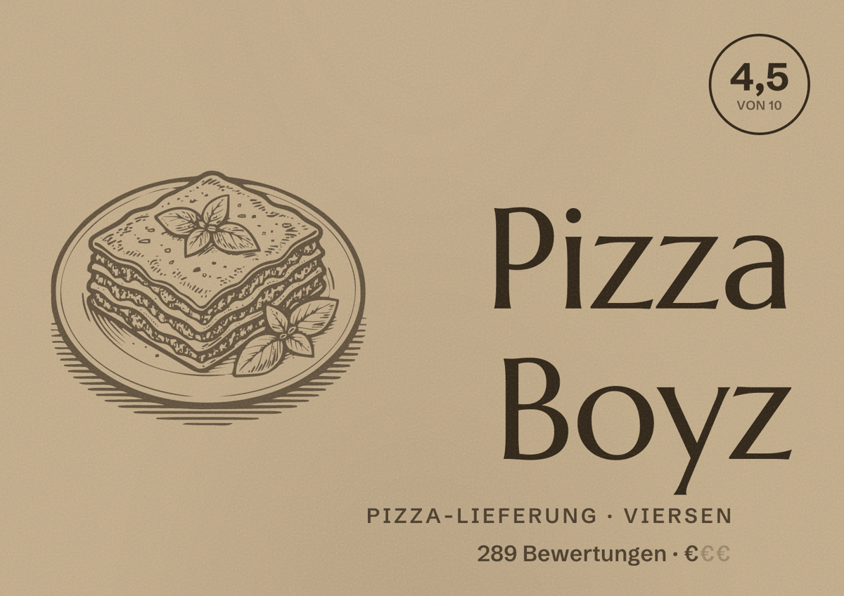 Illustriertes Poster von Pizza Boyz, Pizza-Lieferung in Viersen: Bewertung 4,5 von 10 aus 289 Bewertungen, Preisniveau €