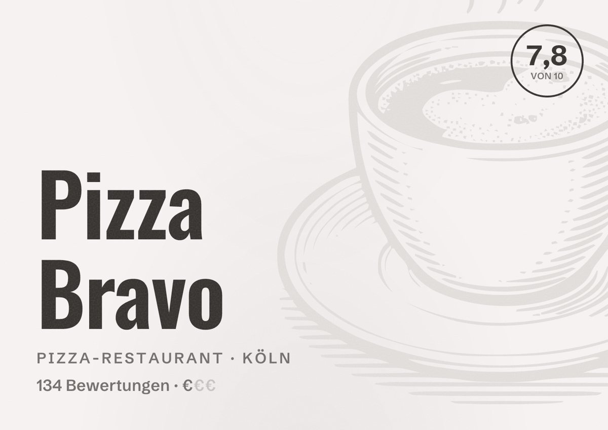Illustriertes Poster von Pizza Bravo, Pizza-Restaurant in Köln: Bewertung 7,8 von 10 aus 134 Bewertungen, Preisniveau €
