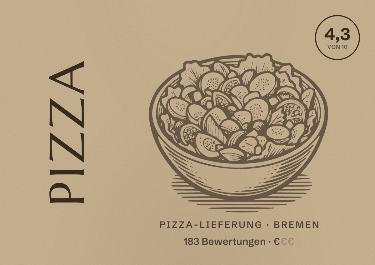 Illustriertes Poster von Pizza, Pizza-Lieferung in Bremen: Bewertung 4,3 von 10 aus 183 Bewertungen, Preisniveau €