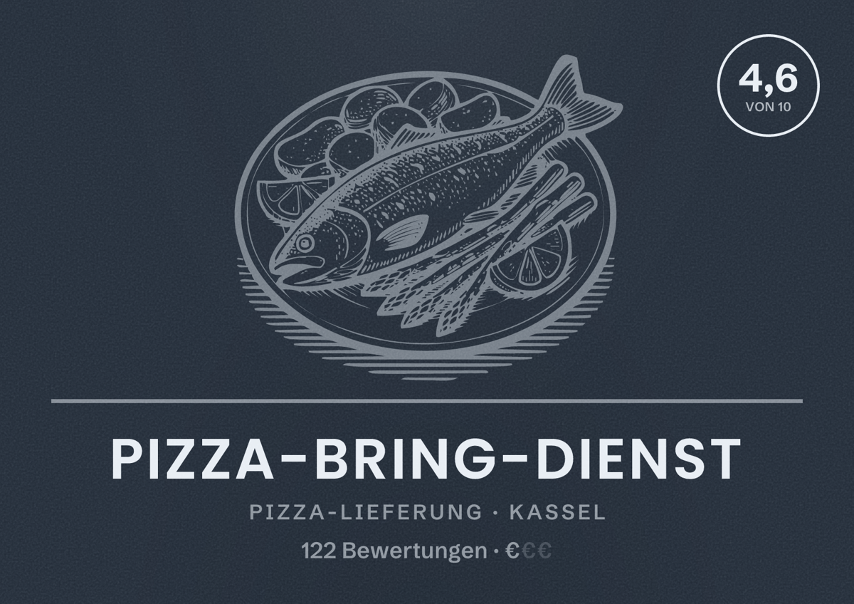 Illustriertes Poster von Pizza-Bring-Dienst, Pizza-Lieferung in Kassel: Bewertung 4,6 von 10 aus 122 Bewertungen, Preisniveau €