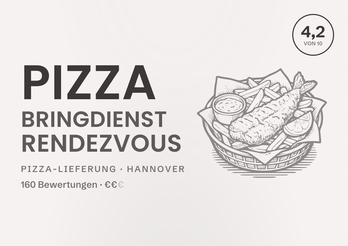 Illustriertes Poster von Pizza Bringdienst Rendezvous, Pizza-Lieferung in Hannover: Bewertung 4,2 von 10 aus 160 Bewertungen, Preisniveau €€