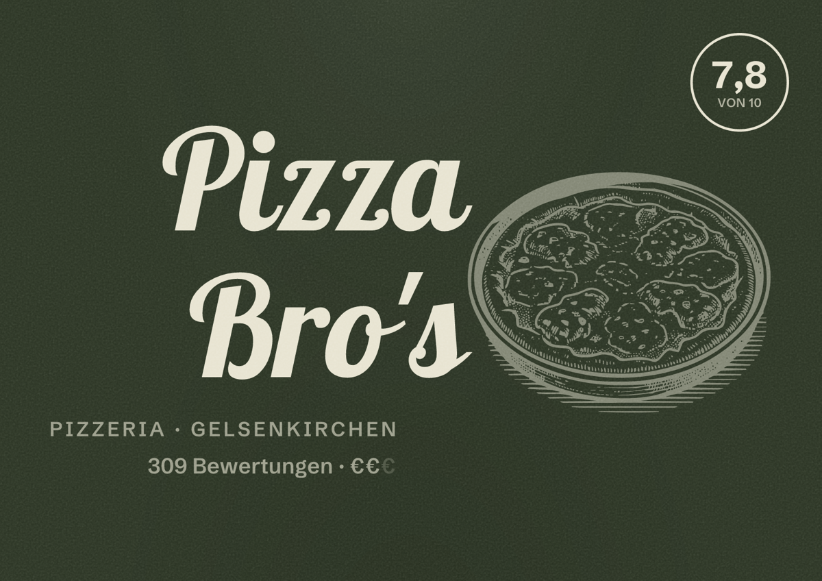 Illustriertes Poster von Pizza Bro's, Pizzeria in Gelsenkirchen: Bewertung 7,8 von 10 aus 309 Bewertungen, Preisniveau €€