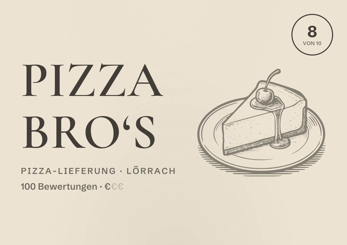 Illustriertes Poster von Pizza Bro‘s, Pizza-Lieferung in Lörrach: Bewertung 8 von 10 aus 100 Bewertungen, Preisniveau €