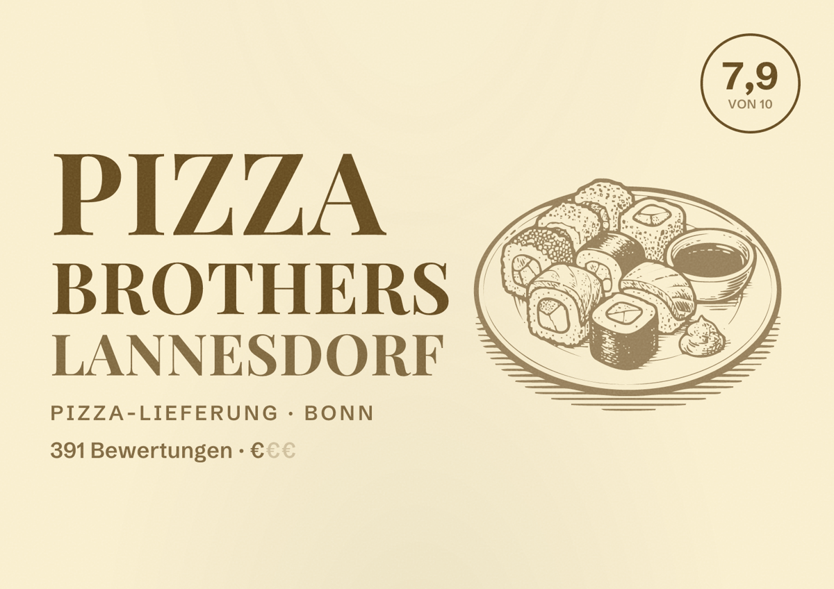 Illustriertes Poster von Pizza Brothers Lannesdorf, Pizza-Lieferung in Bonn: Bewertung 7,9 von 10 aus 391 Bewertungen, Preisniveau €