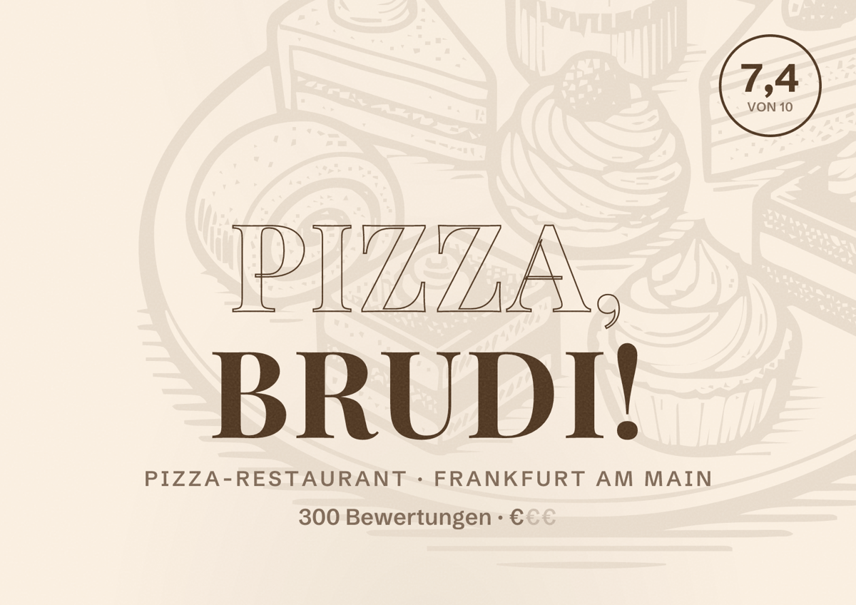 Illustriertes Poster von Pizza, Brudi!, Pizza-Restaurant in Frankfurt am Main: Bewertung 7,4 von 10 aus 300 Bewertungen, Preisniveau €
