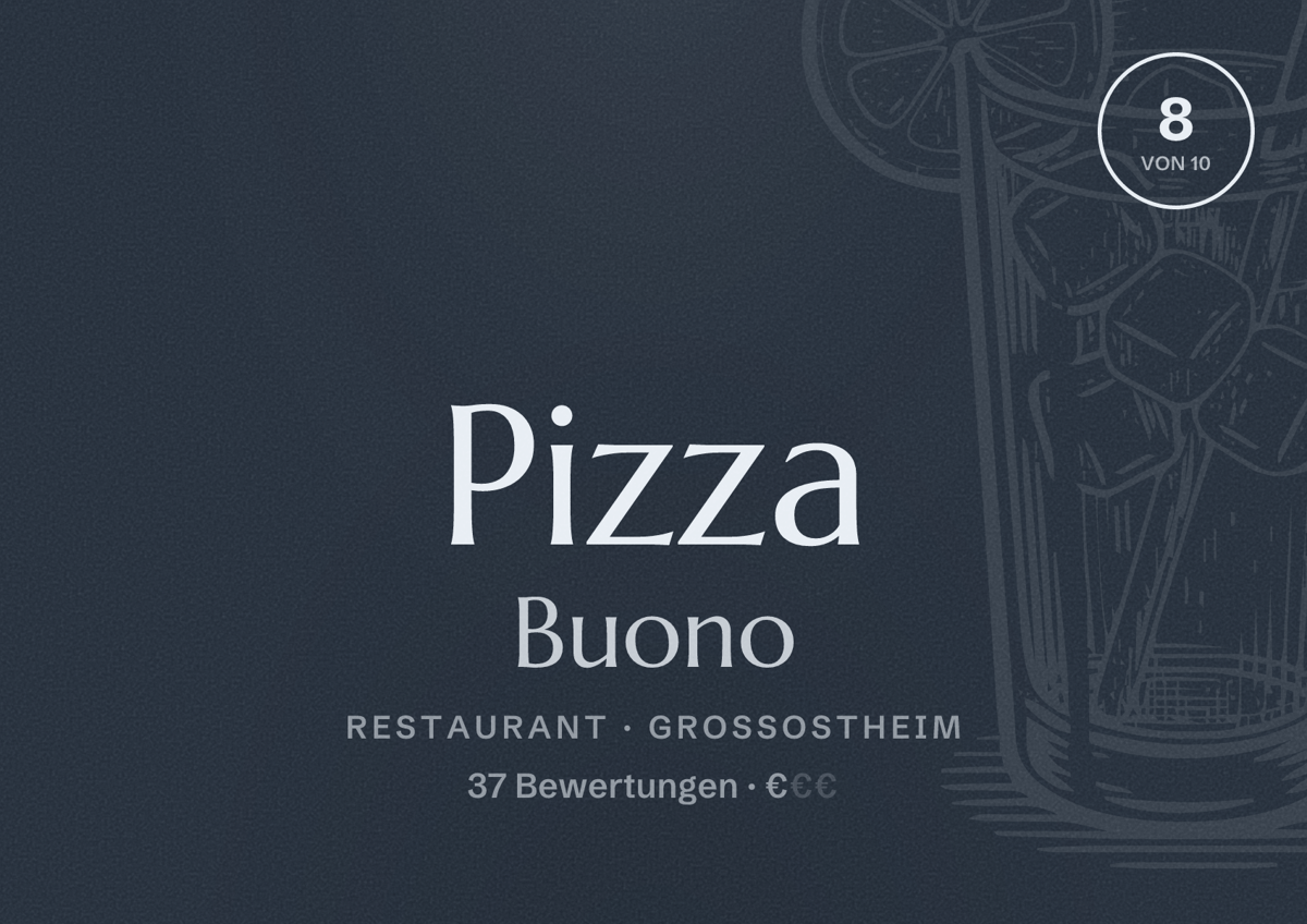 Illustriertes Poster von Pizza Buono, Restaurant in Großostheim: Bewertung 8 von 10 aus 37 Bewertungen, Preisniveau €