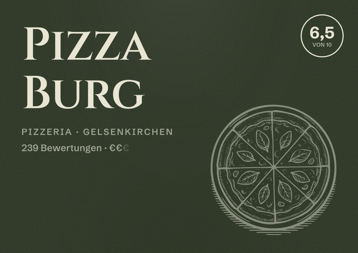 Illustriertes Poster von Pizza Burg, Pizzeria in Gelsenkirchen: Bewertung 6,5 von 10 aus 239 Bewertungen, Preisniveau €€