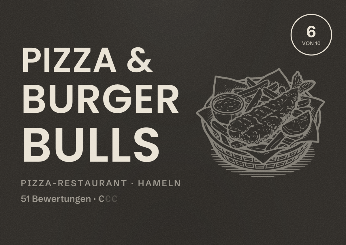 Illustriertes Poster von Pizza & Burger Bulls, Pizza-Restaurant in Hameln: Bewertung 6 von 10 aus 51 Bewertungen, Preisniveau €