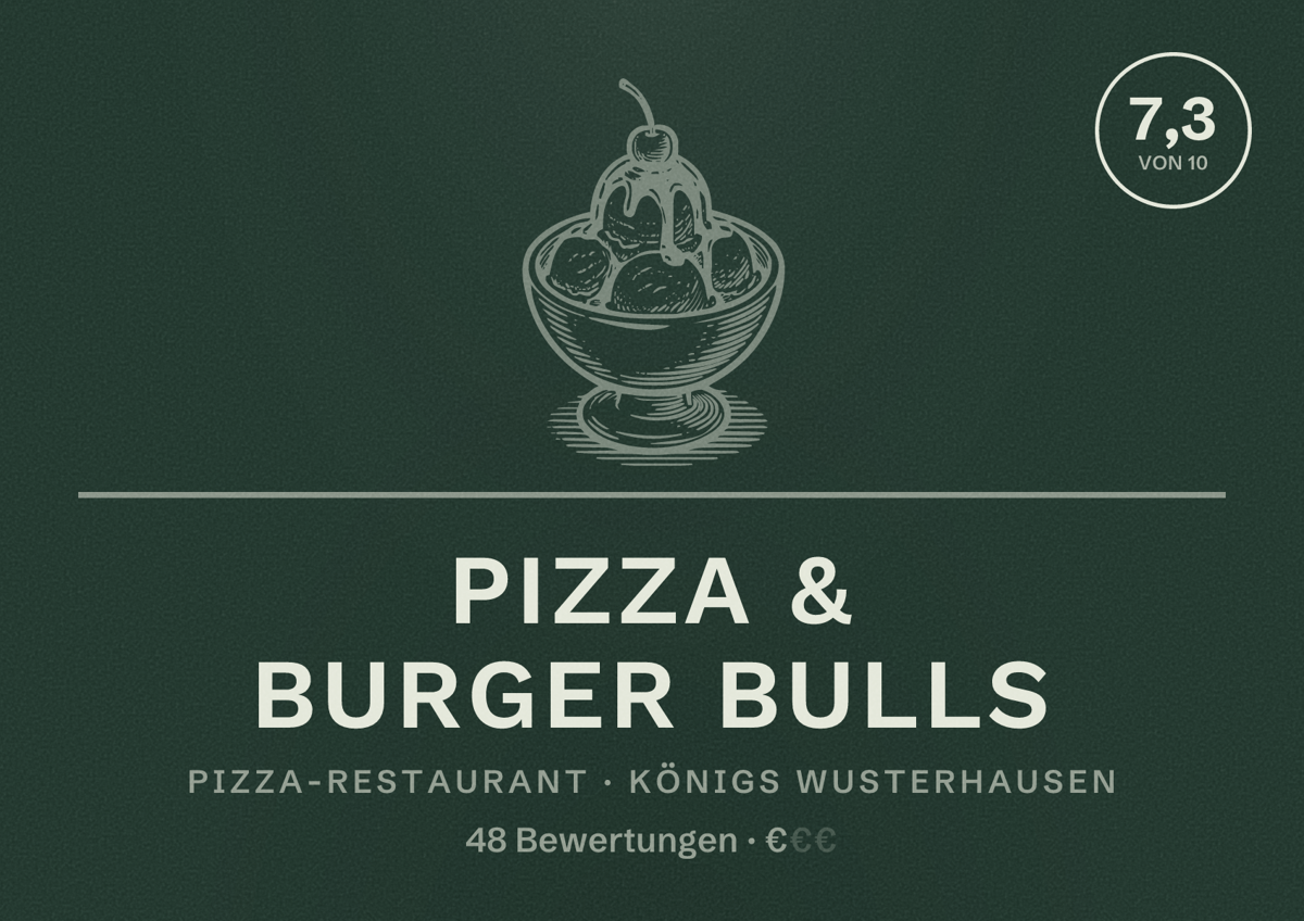 Illustriertes Poster von Pizza & Burger Bulls, Pizza-Restaurant in Königs Wusterhausen: Bewertung 7,3 von 10 aus 48 Bewertungen, Preisniveau €