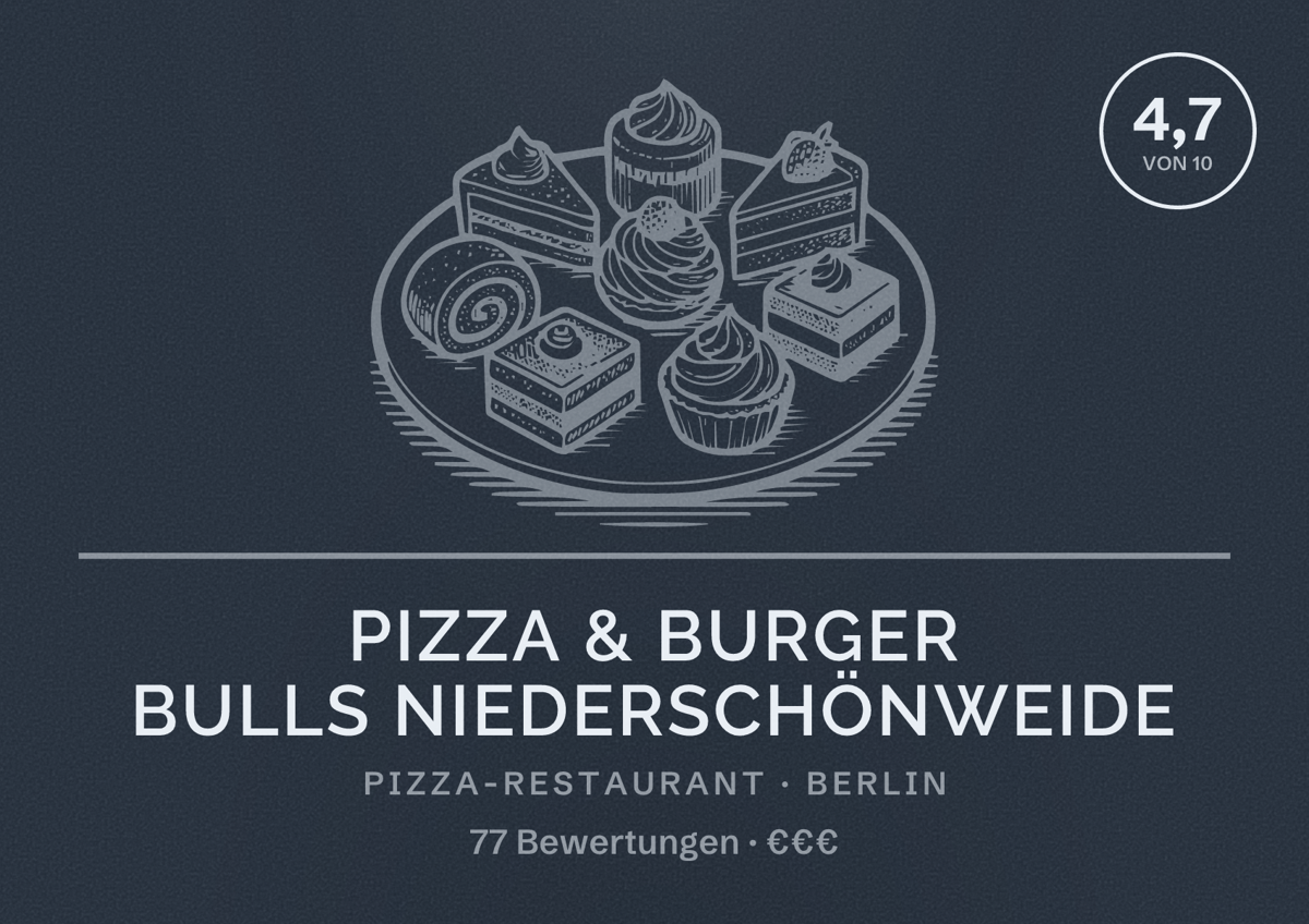 Illustriertes Poster von Pizza & Burger Bulls Niederschönweide, Pizza-Restaurant in Berlin: Bewertung 4,7 von 10 aus 77 Bewertungen, Preisniveau €€€