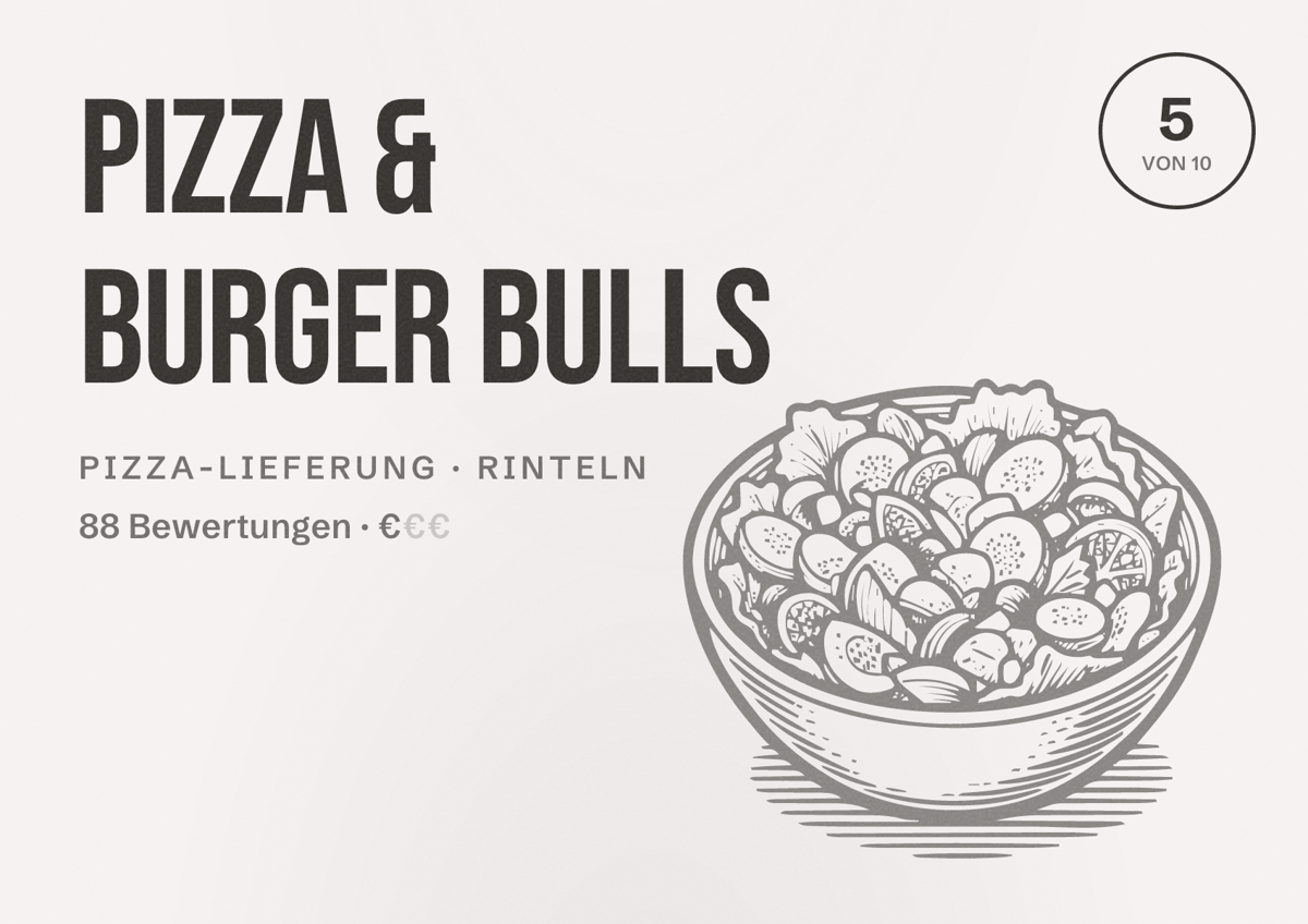 Illustriertes Poster von Pizza & Burger Bulls, Pizza-Lieferung in Rinteln: Bewertung 5 von 10 aus 88 Bewertungen, Preisniveau €