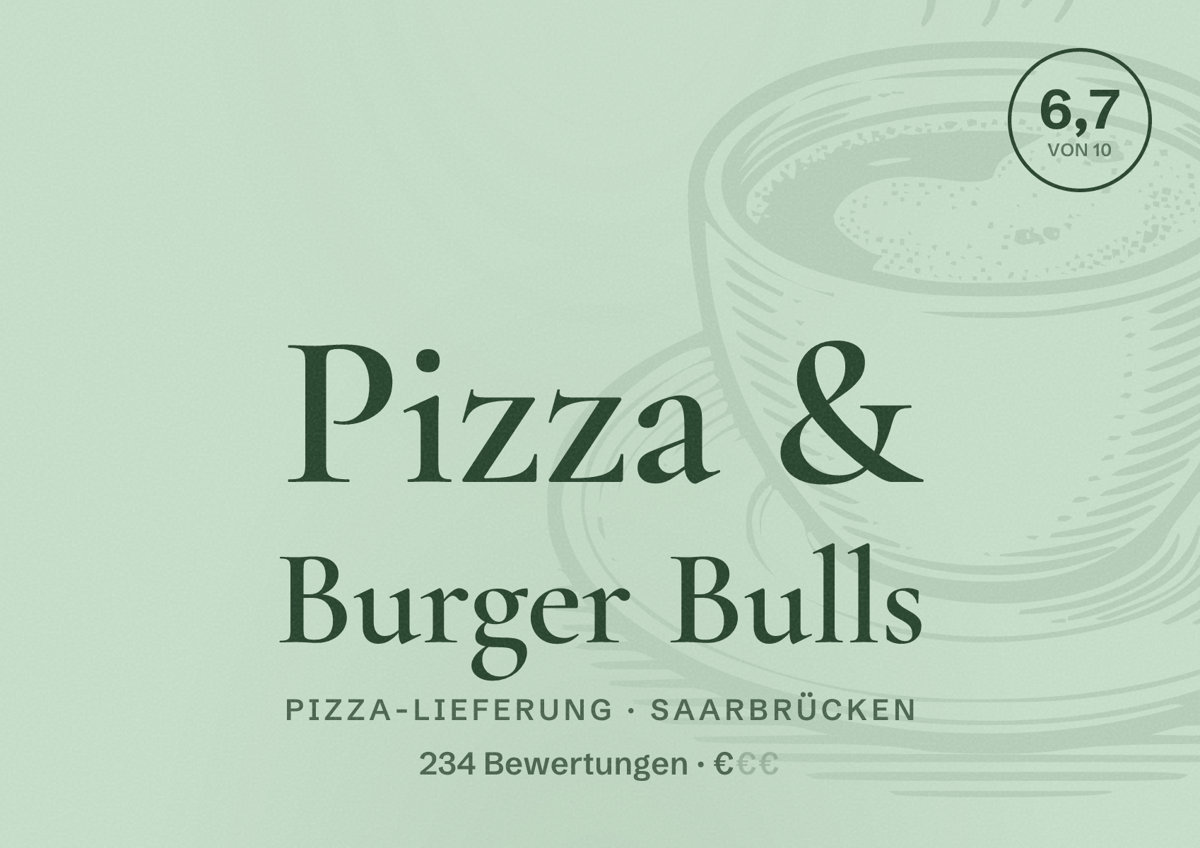 Illustriertes Poster von Pizza & Burger Bulls, Pizza-Lieferung in Saarbrücken: Bewertung 6,7 von 10 aus 234 Bewertungen, Preisniveau €