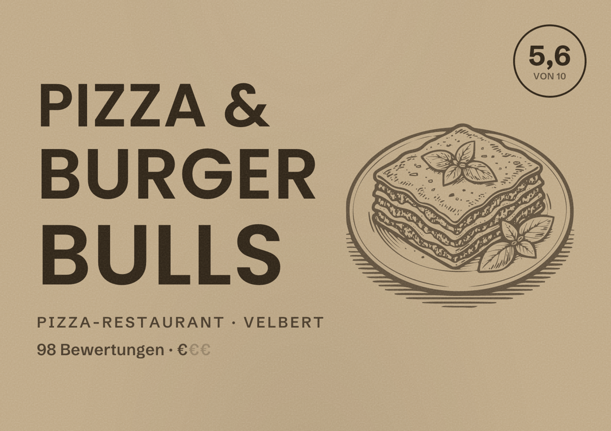 Illustriertes Poster von Pizza & Burger Bulls, Pizza-Restaurant in Velbert: Bewertung 5,6 von 10 aus 98 Bewertungen, Preisniveau €