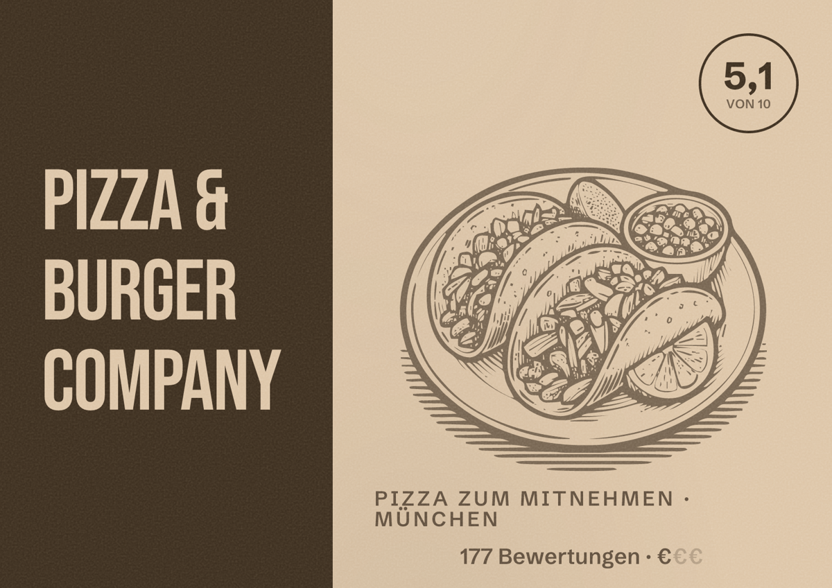 Illustriertes Poster von Pizza & Burger Company, Pizza zum Mitnehmen in München: Bewertung 5,1 von 10 aus 177 Bewertungen, Preisniveau €