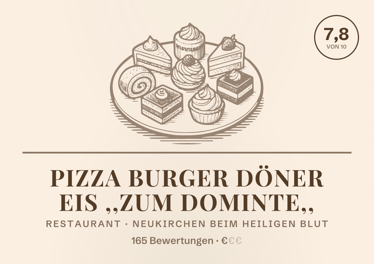 Illustriertes Poster von Pizza Burger Döner Eis ,,Zum Dominte,,, Restaurant in Neukirchen beim Heiligen Blut: Bewertung 7,8 von 10 aus 165 Bewertungen, Preisniveau €