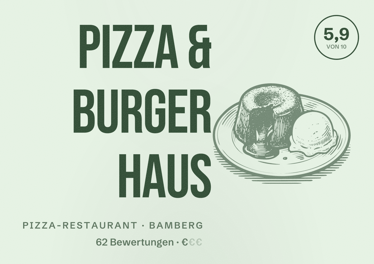 Illustriertes Poster von Pizza & Burger Haus, Pizza-Restaurant in Bamberg: Bewertung 5,9 von 10 aus 62 Bewertungen, Preisniveau €
