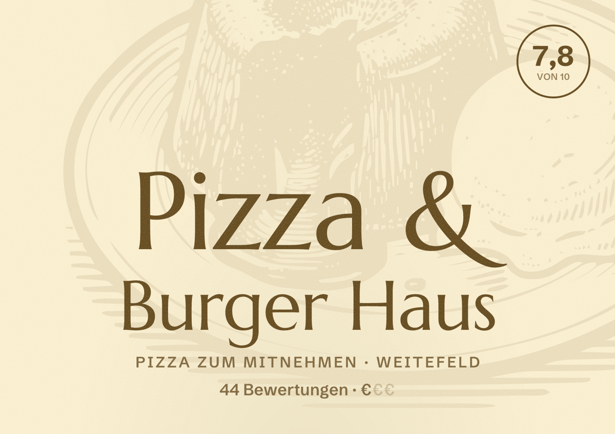 Illustriertes Poster von Pizza & Burger Haus, Pizza zum Mitnehmen in Weitefeld: Bewertung 7,8 von 10 aus 44 Bewertungen, Preisniveau €