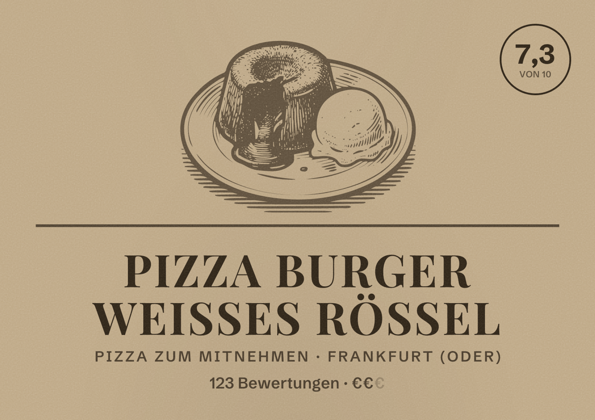 Illustriertes Poster von Pizza Burger Weißes Rössel, Pizza zum Mitnehmen in Frankfurt (Oder): Bewertung 7,3 von 10 aus 123 Bewertungen, Preisniveau €€