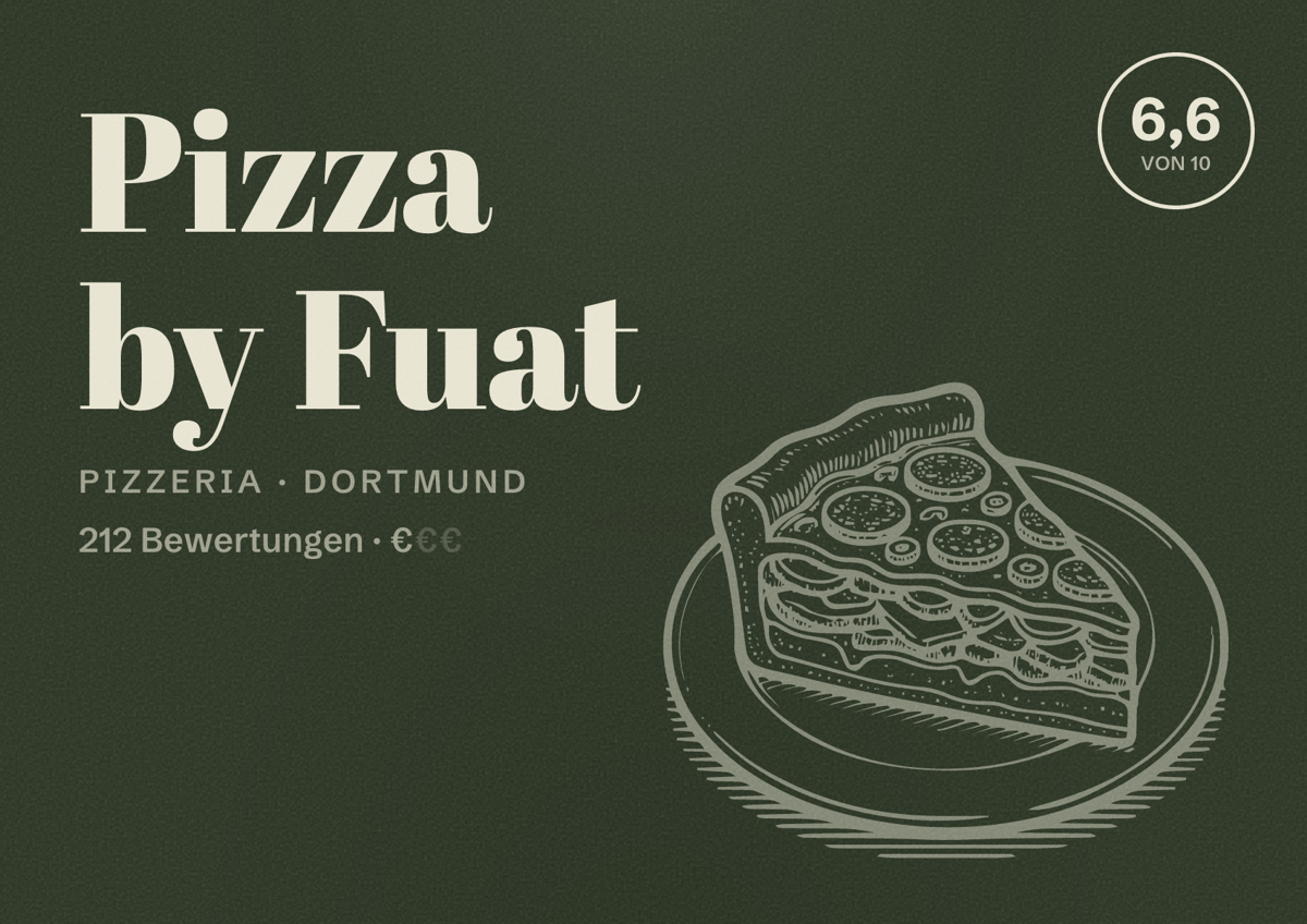 Illustriertes Poster von Pizza by Fuat, Pizzeria in Dortmund: Bewertung 6,6 von 10 aus 212 Bewertungen, Preisniveau €