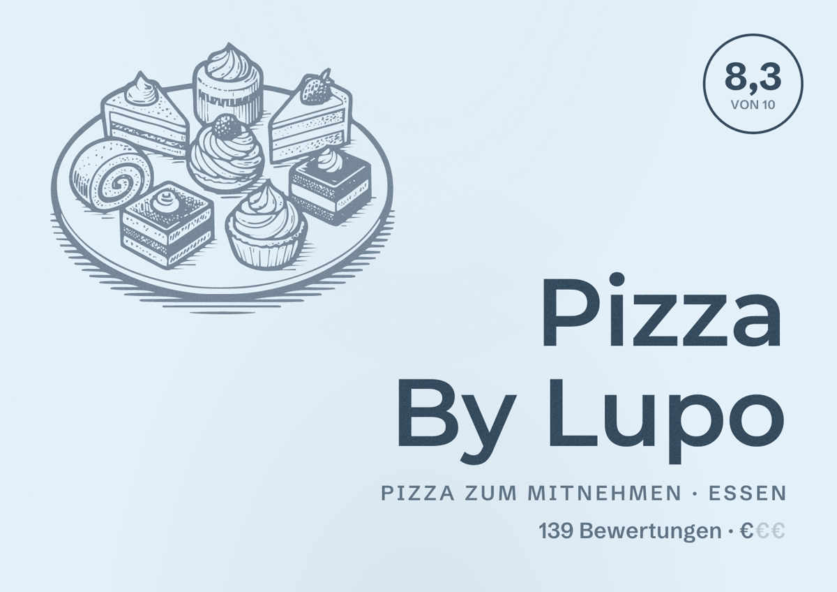 Illustriertes Poster von Pizza By Lupo, Pizza zum Mitnehmen in Essen: Bewertung 8,3 von 10 aus 139 Bewertungen, Preisniveau €