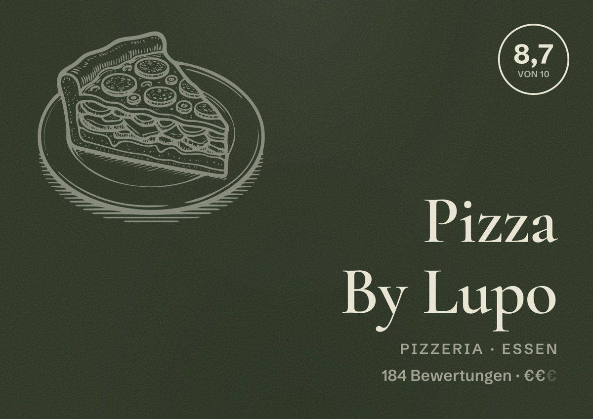 Illustriertes Poster von Pizza By Lupo, Pizzeria in Essen: Bewertung 8,7 von 10 aus 184 Bewertungen, Preisniveau €€