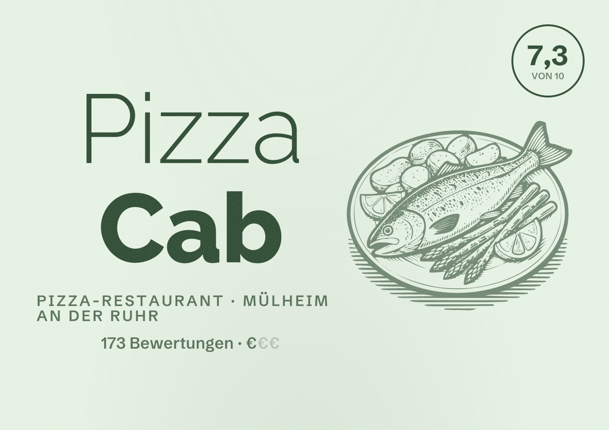 Illustriertes Poster von Pizza Cab, Pizza-Restaurant in Mülheim an der Ruhr: Bewertung 7,3 von 10 aus 173 Bewertungen, Preisniveau €